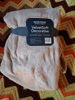 TWO CROCHET THROW BLANKETS, BERKSHIRE VELVETSOFT THROW