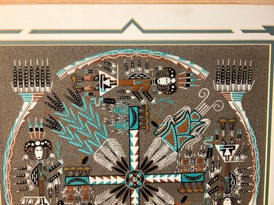 “WHIRLY LOG” NAVAJO SAND PAINTING AND WEAVED WICKER WALL HANGING