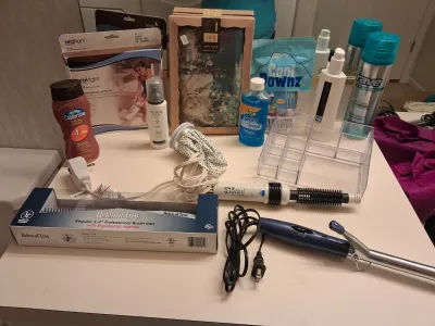 NEW HELEN OF TROY BRUSH IRON, NEW HOT/COLD TUMMY PILLOW, TOILETRIES, SEAL TIGHT CAST/BANDAGE PROTECTOR