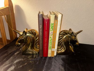 BRASS UNICORN BOOK ENDS AND HARDBACK BOOKS