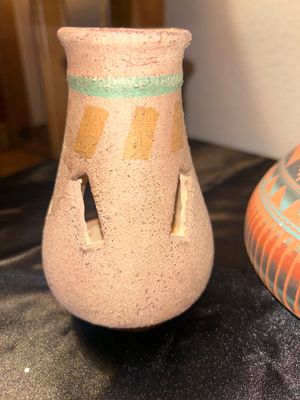 NAVAJO POTTERY PIECE BY ARTIST LARRY LUCKYSTAR AND LIKE CANDLE HOLDERS