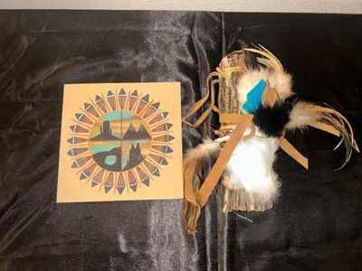 CEREMONIAL SMUDGE FAN, RATTLE HANDLE, OR TALKING STICK? AND NAVAJO SAND PAINTING