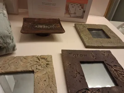 NEW SHOWER CURTAIN, NEW UNDER THE SINK SLIDING TRAY, RUGS, SOAP DISH AND CUTE WALL DECOR