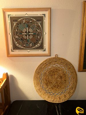 “WHIRLY LOG” NAVAJO SAND PAINTING AND WEAVED WICKER WALL HANGING
