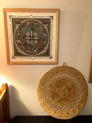 “WHIRLY LOG” NAVAJO SAND PAINTING AND WEAVED WICKER WALL HANGING