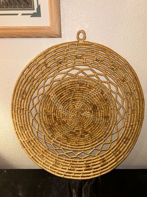 “WHIRLY LOG” NAVAJO SAND PAINTING AND WEAVED WICKER WALL HANGING