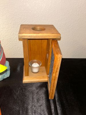 REALLY UNIQUE 3 DIMENSIONAL PAINTING BY TERESA AND DECORATIVE WOLF WITH END OF THE TRAIL STAINED GLASS CANDLE HOLDER