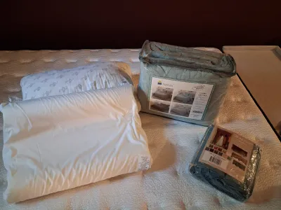 QUEEN SIZE MARCIELO COMFORTER, "MY PILLOW" AND 2ND PILLOW PLUS CURTAINS