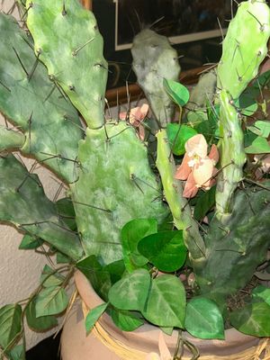 CLAY STATUE MADE IN MEXICO AND POTTED FAUX CACTUS