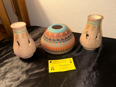 NAVAJO POTTERY PIECE BY ARTIST LARRY LUCKYSTAR AND LIKE CANDLE HOLDERS