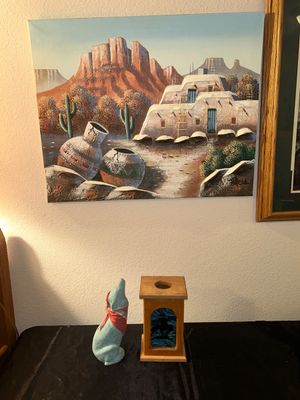REALLY UNIQUE 3 DIMENSIONAL PAINTING BY TERESA AND DECORATIVE WOLF WITH END OF THE TRAIL STAINED GLASS CANDLE HOLDER