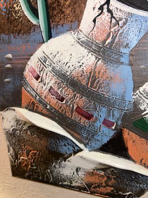 REALLY UNIQUE 3 DIMENSIONAL PAINTING BY TERESA AND DECORATIVE WOLF WITH END OF THE TRAIL STAINED GLASS CANDLE HOLDER