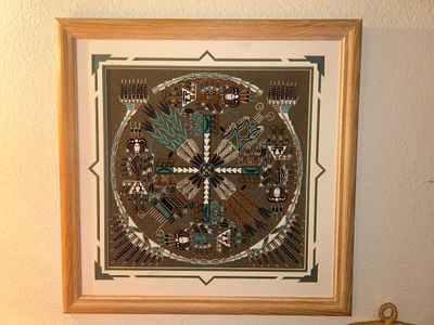 “WHIRLY LOG” NAVAJO SAND PAINTING AND WEAVED WICKER WALL HANGING