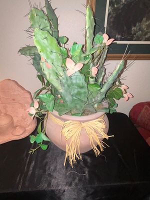 CLAY STATUE MADE IN MEXICO AND POTTED FAUX CACTUS