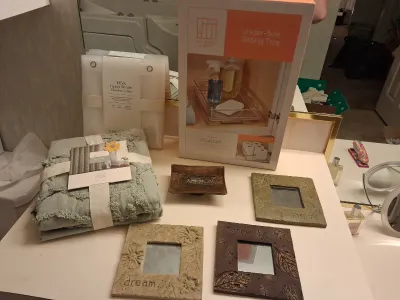 NEW SHOWER CURTAIN, NEW UNDER THE SINK SLIDING TRAY, RUGS, SOAP DISH AND CUTE WALL DECOR