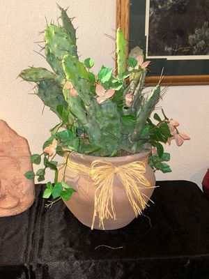 CLAY STATUE MADE IN MEXICO AND POTTED FAUX CACTUS