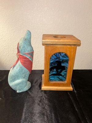 REALLY UNIQUE 3 DIMENSIONAL PAINTING BY TERESA AND DECORATIVE WOLF WITH END OF THE TRAIL STAINED GLASS CANDLE HOLDER