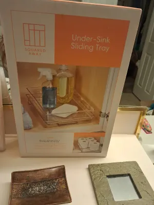 NEW SHOWER CURTAIN, NEW UNDER THE SINK SLIDING TRAY, RUGS, SOAP DISH AND CUTE WALL DECOR