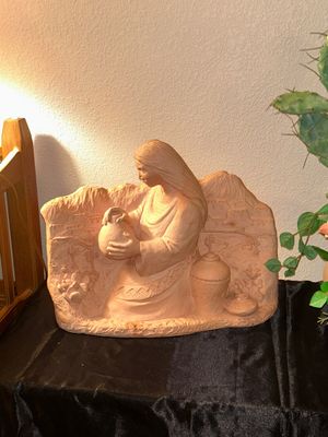 CLAY STATUE MADE IN MEXICO AND POTTED FAUX CACTUS