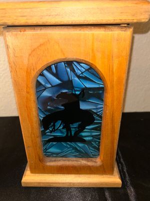 REALLY UNIQUE 3 DIMENSIONAL PAINTING BY TERESA AND DECORATIVE WOLF WITH END OF THE TRAIL STAINED GLASS CANDLE HOLDER