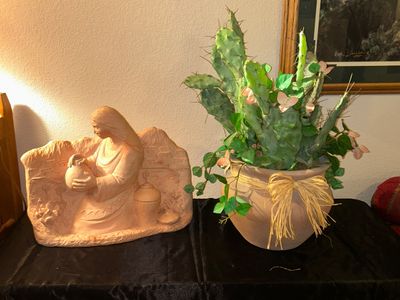 CLAY STATUE MADE IN MEXICO AND POTTED FAUX CACTUS