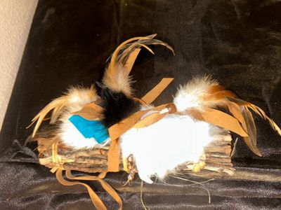 CEREMONIAL SMUDGE FAN, RATTLE HANDLE, OR TALKING STICK? AND NAVAJO SAND PAINTING