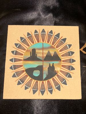 CEREMONIAL SMUDGE FAN, RATTLE HANDLE, OR TALKING STICK? AND NAVAJO SAND PAINTING