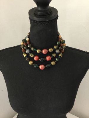 Gorgeous, vintage, rich amber, dark green glass and stone bead, multi strand, chunky statement, necklace
