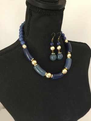Beautiful, vintage, blue and satin, gold, toned, accent, necklace, and matching earrings