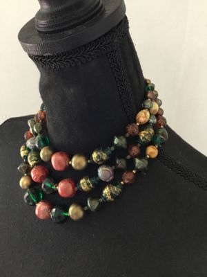 Gorgeous, vintage, rich amber, dark green glass and stone bead, multi strand, chunky statement, necklace