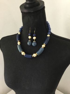 Beautiful, vintage, blue and satin, gold, toned, accent, necklace, and matching earrings
