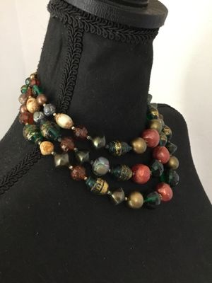 Gorgeous, vintage, rich amber, dark green glass and stone bead, multi strand, chunky statement, necklace