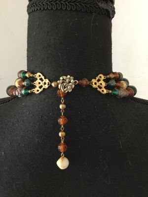 Gorgeous, vintage, rich amber, dark green glass and stone bead, multi strand, chunky statement, necklace