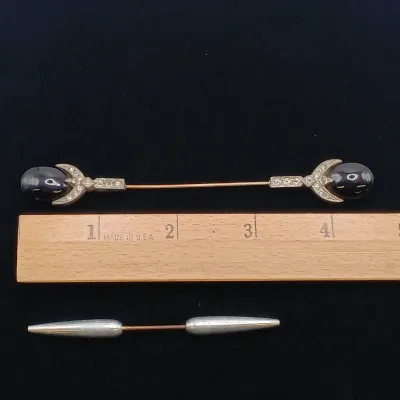LOT 26: Antique Art Deco Jabot Pin with Black Onyx Stones & Silver-Tone Jabot Pin
