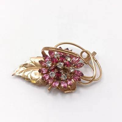 LOT 114: Pearl 1/20 12K GF and Pink Rhinestone Flower Brooch, Vintage Sweater Clips & More
