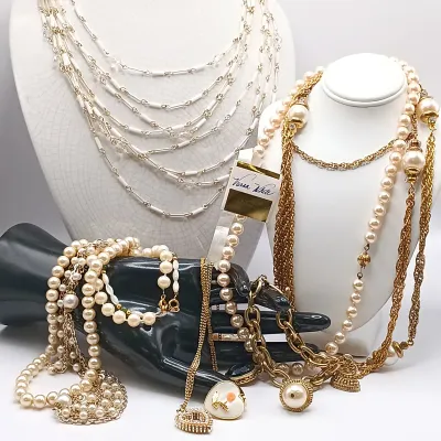 LOT 27: Vintage Vanna White Pearl Necklace, Multi-Strand Beaded Necklace, Gold-Tone Pendant Bracelet & More