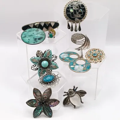 LOT 110: Lucite Jelly Belly Bee Pin, Alpaca Silver Pins and Earrings & More