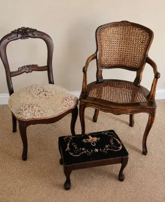 PAIR OF VINTAGE CHAIRS AND A FOOTSTOOL 