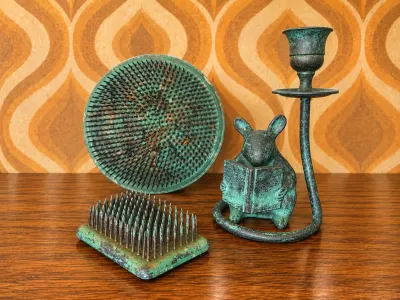 FLOWER FROGS AND BRASS MOUSE CANDLESTICK