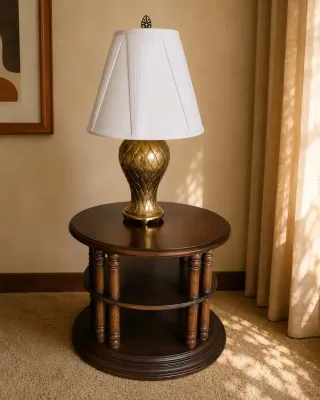 3-TIER ROUND END TABLE WITH BRASS TABLE TOP LAMP