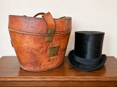 VINTAGE VELVET MEN'S TOP HAT WITH LEATHER HAT CASE