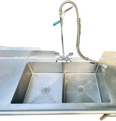 Sale Photo Thumbnail #341: Stainless Steel DOUBLE Sink - 10Ft X 30" X 40 5/8" | Bottom Shelf: 45" x 23" x 19" | Sink: 20 3/4" X 20 3/4" X 12" Deep