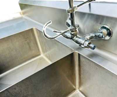 Sale Photo Thumbnail #343: Stainless Steel DOUBLE Sink - 10Ft X 30" X 40 5/8" | Bottom Shelf: 45" x 23" x 19" | Sink: 20 3/4" X 20 3/4" X 12" Deep