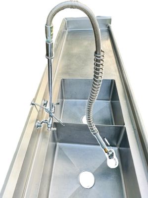 Sale Photo Thumbnail #344: Stainless Steel DOUBLE Sink - 10Ft X 30" X 40 5/8" | Bottom Shelf: 45" x 23" x 19" | Sink: 20 3/4" X 20 3/4" X 12" Deep