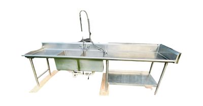 Sale Photo Thumbnail #337: Stainless Steel DOUBLE Sink - 10Ft X 30" X 40 5/8" | Bottom Shelf: 45" x 23" x 19" | Sink: 20 3/4" X 20 3/4" X 12" Deep