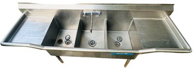 Sale Photo Thumbnail #365: Stainless Steel  TRIPLE Sink
7 Ft 2 In x 1 Ft 9 3/8" x 3 Ft 7 3/8"
(86" x 21 3/8" x 43 3/8")