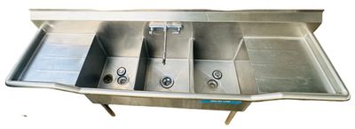 Sale Photo Thumbnail #362: Stainless Steel  TRIPLE Sink
7 Ft 2 In x 1 Ft 9 3/8" x 3 Ft 7 3/8"
(86" x 21 3/8" x 43 3/8")