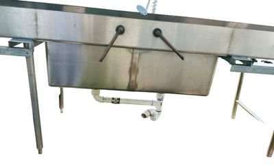 Sale Photo Thumbnail #357: Stainless Steel DOUBLE Sink - 10Ft X 30" X 40 5/8" | Bottom Shelf: 45" x 23" x 19" | Sink: 20 3/4" X 20 3/4" X 12" Deep