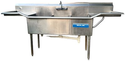 Sale Photo Thumbnail #361: Stainless Steel  TRIPLE Sink
7 Ft 2 In x 1 Ft 9 3/8" x 3 Ft 7 3/8"
(86" x 21 3/8" x 43 3/8")