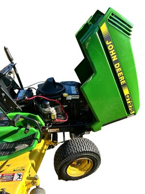 Sale Photo Thumbnail #149: John Deere GT275 Garden Tractor with a Yellow seat, a Mower deck, and Extra Wheel